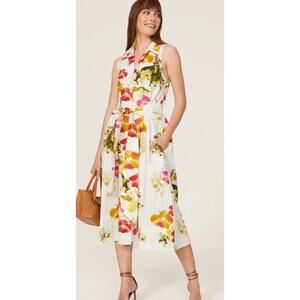 Natori Takeda Sleeveless cotton white floral Halter Midi Dress L